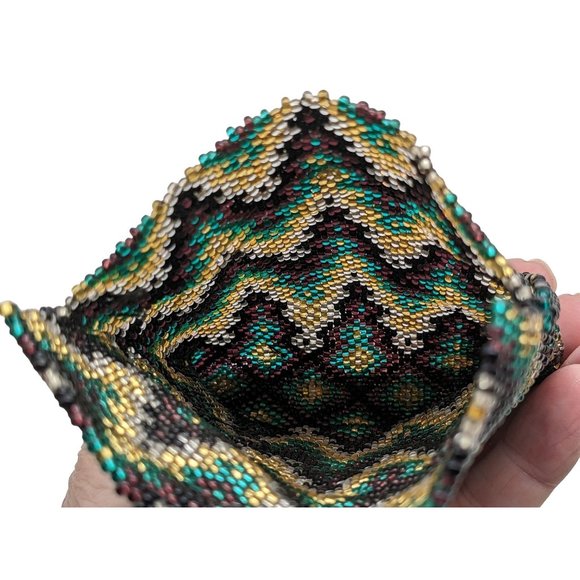 Beaded Bag Medicine Pouch Boho Hand Made Beautiful Pattern Purple Green Gold - Picture 7 of 10